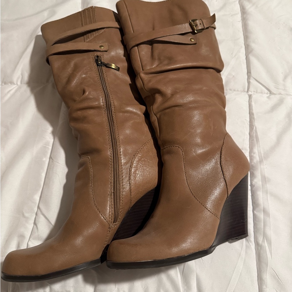 Guess Tan Wedge Heeled Boots with Buckle